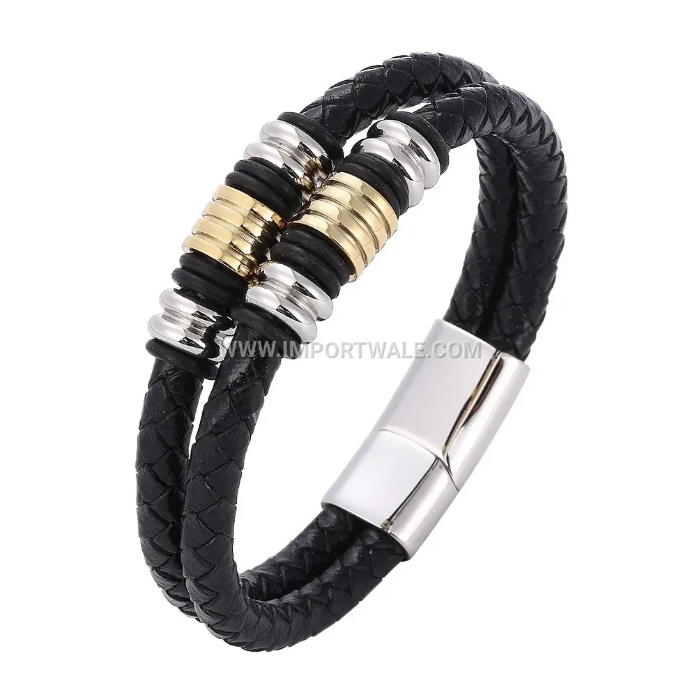 Handcrafted Double Layer Woven Leather Stainless Steel Men Bracelet