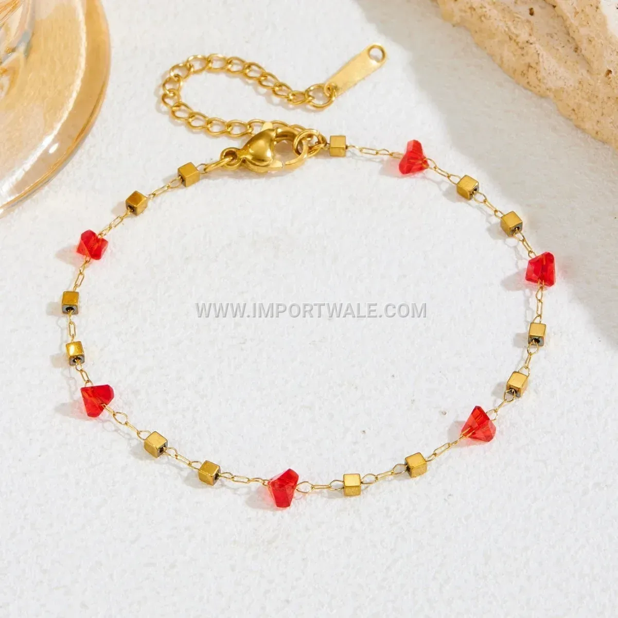 Beaded Cubic Square Pendant Stainless Steel Premium Anklet Anti Tarnish