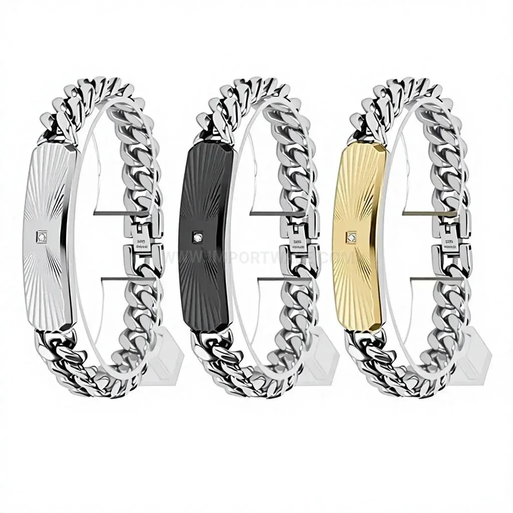 Cuban Link Stainless Steel Rhinestone Beveled Plate Bracelet