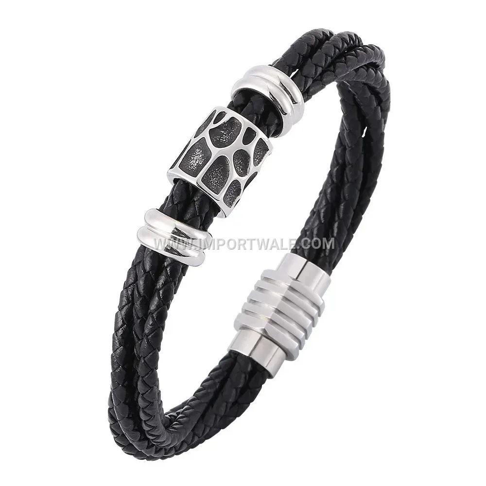 Multi Strand Braided Leather Wristband with Stainless Steel Hardware