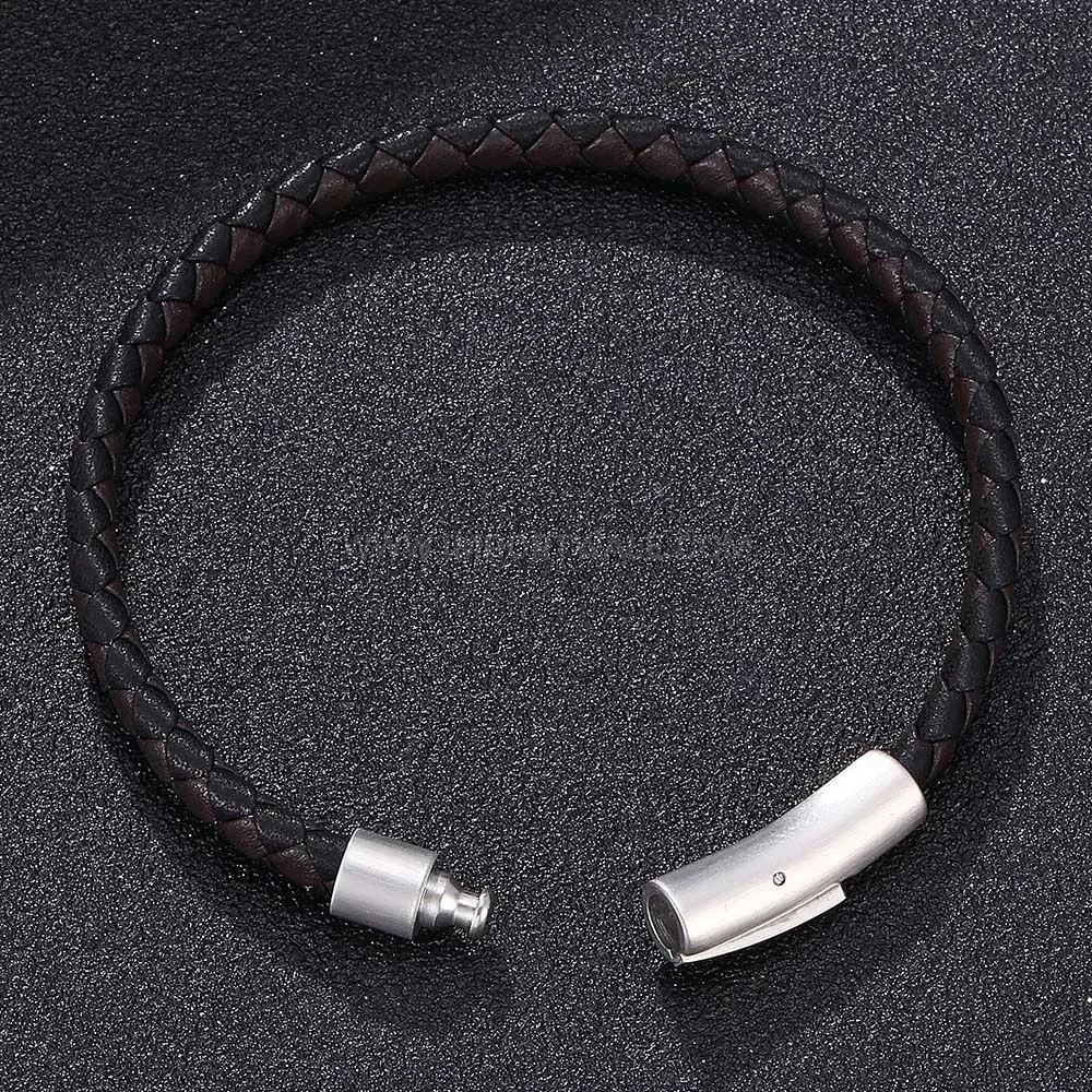 Two-Tone Braided Leather Cord Bracelet with Steel Buckle