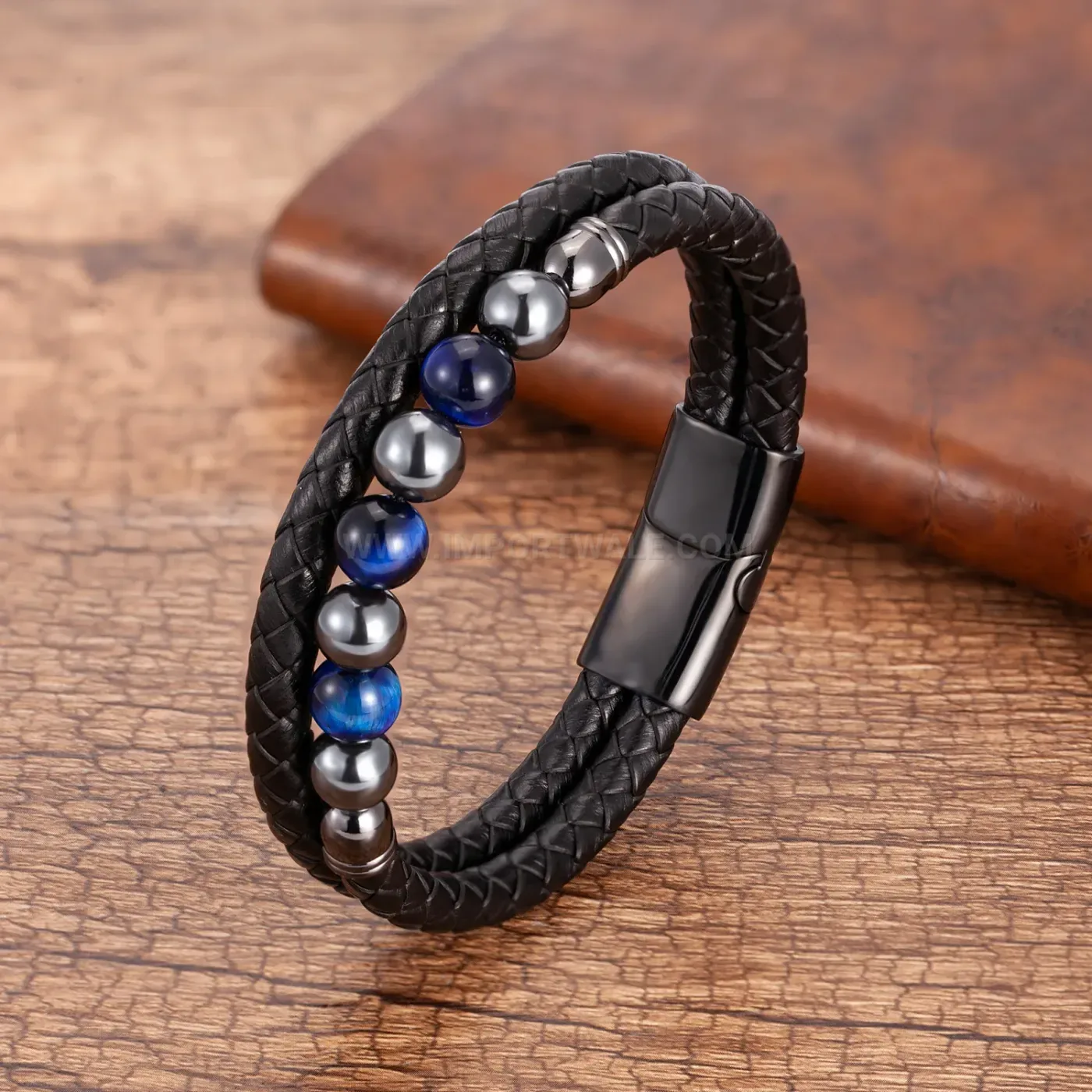 Beaded Stone Leather Combination Bracelet Stainless Steel Clasp