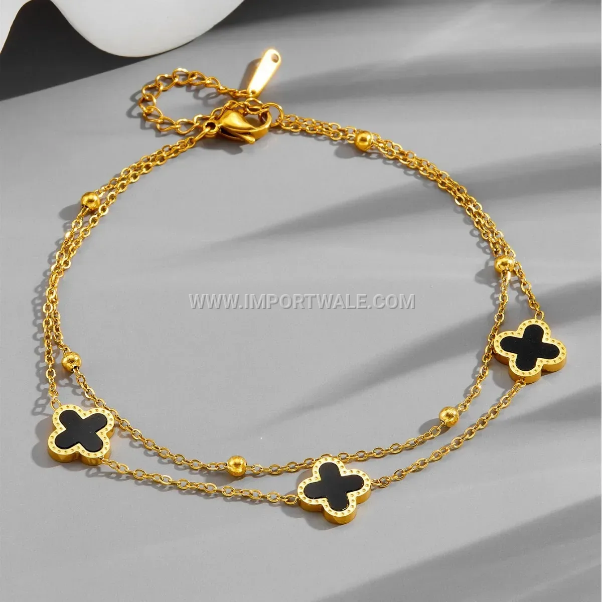 Double Layer Four Leaf Clover Gold Toned Premium Anklet Anti Tarnish