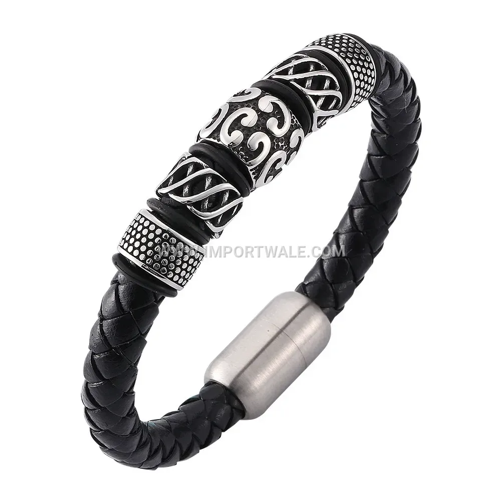 Men's Braided Leather Stainless Steel Magnetic Clasp Cuff Bracelet