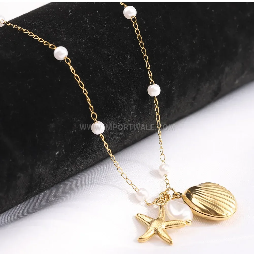 Gold Plated Stainless Steel Seashell Starfish Necklace