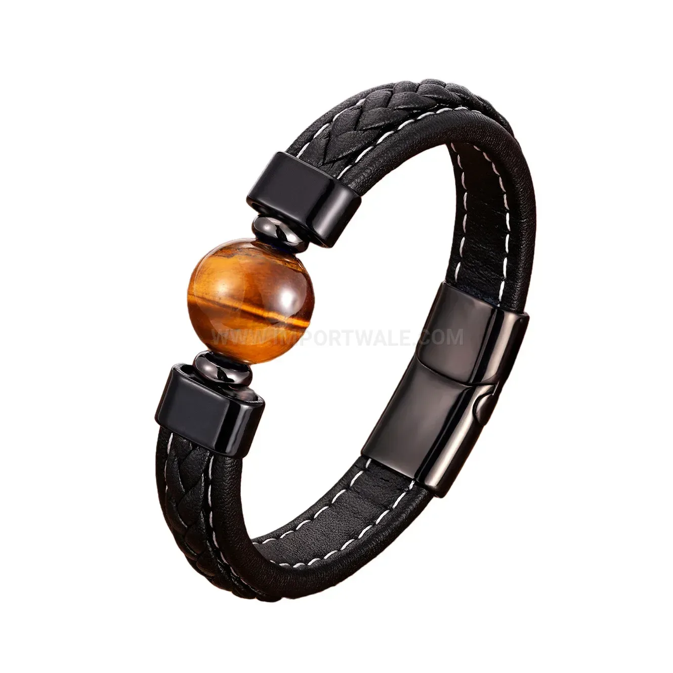 Minimalist Braided Leather Stone Bracelet with Stainless Steel Magnetic Clasp