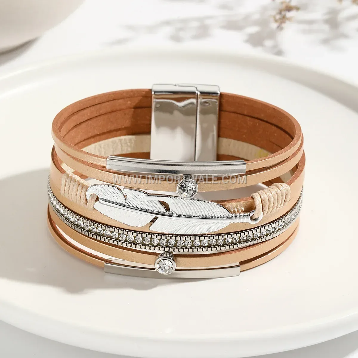 Bohemian Multi-Layer Wide Leather Feather Bracelet