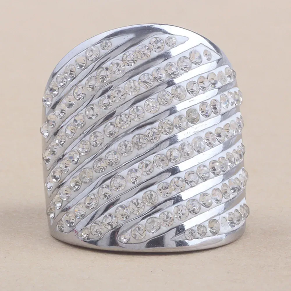 Multi Row Beveled Rhinestone Stainless Steel Wide Band Ring