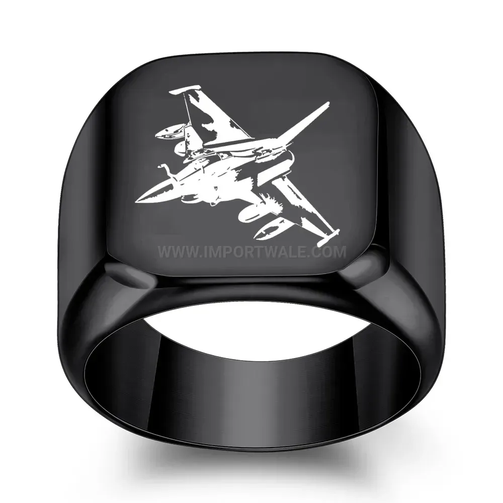 Modern Engraved Fighter Jet Square Stainless Steel Signet Ring