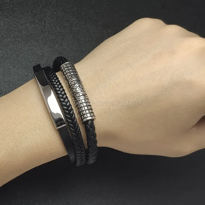 Designer Woven Microfiber Leather Stainless Steel Accent Men Wristband
