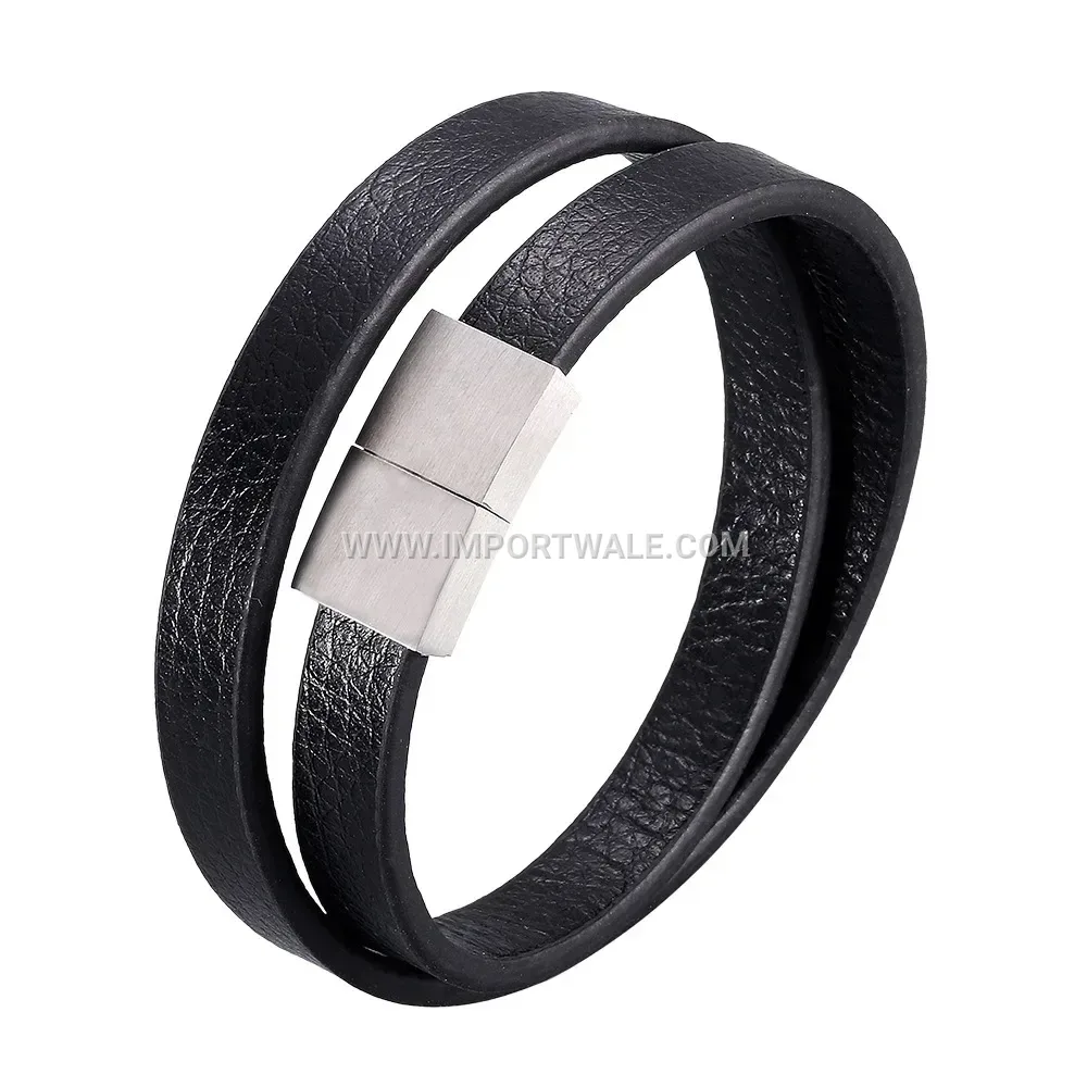 Double Wrap Black Leather Stainless Steel Magnetic Clasp Bracelet