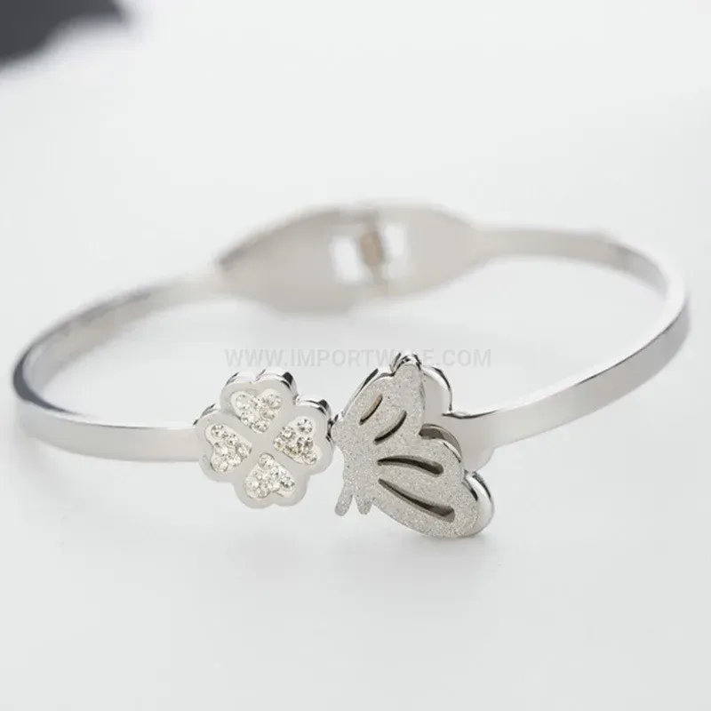 Modern Frosted Leaf and Clover Stainless Steel Open Bangle