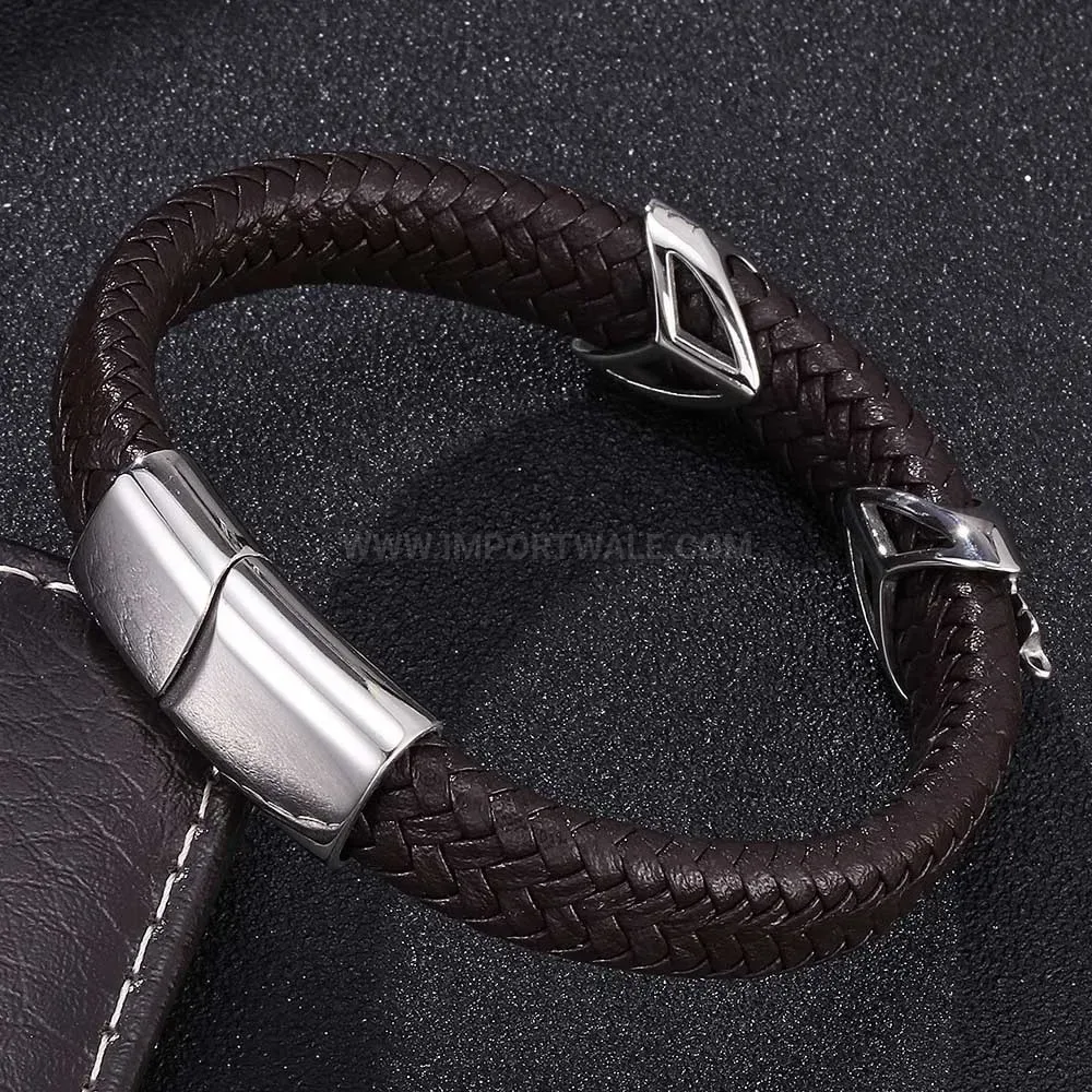 Braided Leather and Stainless Steel Geometric Charm Bracelet for Men