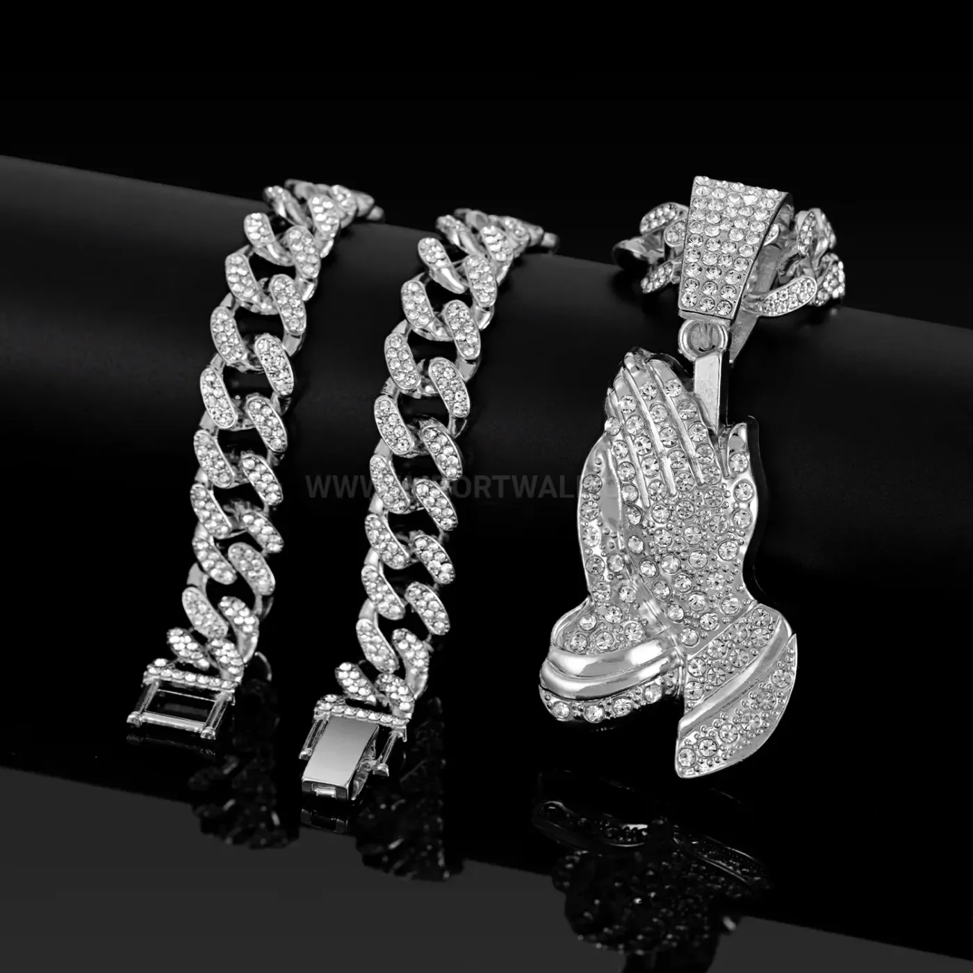 Pave Rhinestone Praying Hands Alloy Hip Hop Pendant