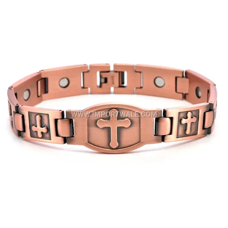 Vintage Pure Copper Curved Cross Plaque Men's Bracelet