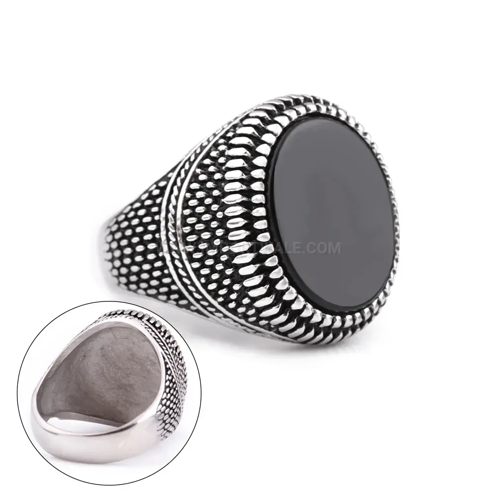 Fashion Vintage Textured Stainless Steel Gemstone Band Ring
