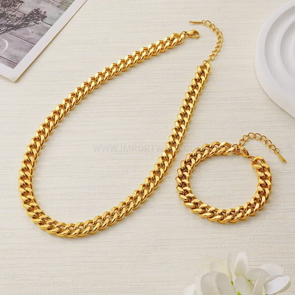 Chic Titanium Steel Cuban Chain Necklace and Bracelet Set