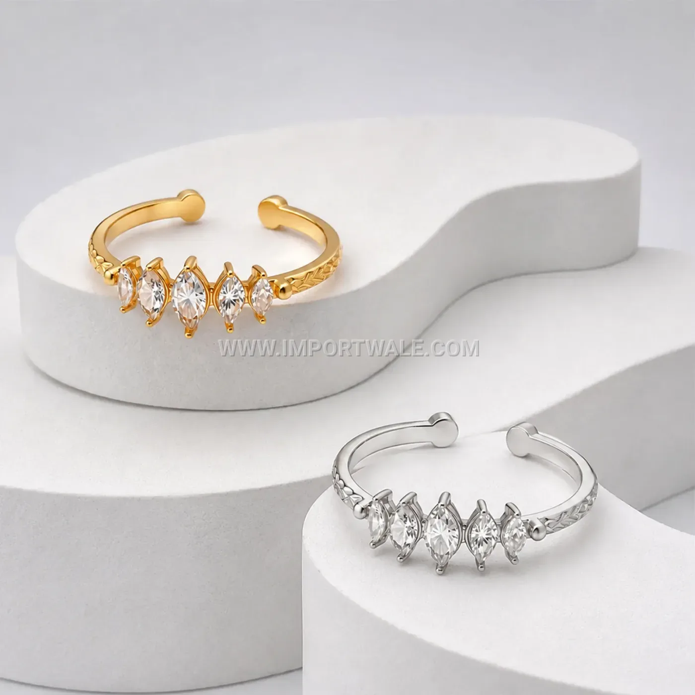 Hammered Stainless Steel Adjustable Open Ring with Sparkle Details