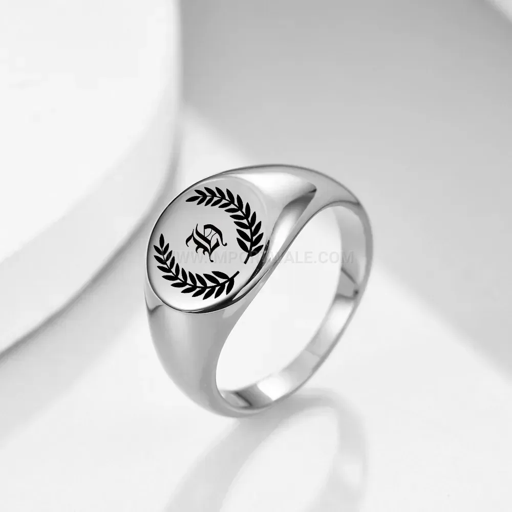 Classic Engraved Initial Leaf Circular Stainless Steel Signet Ring