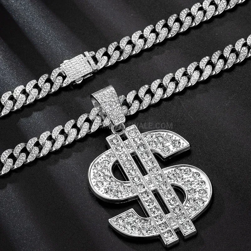 Iced Out US Dollar Sign Hip Hop Pendant Necklace