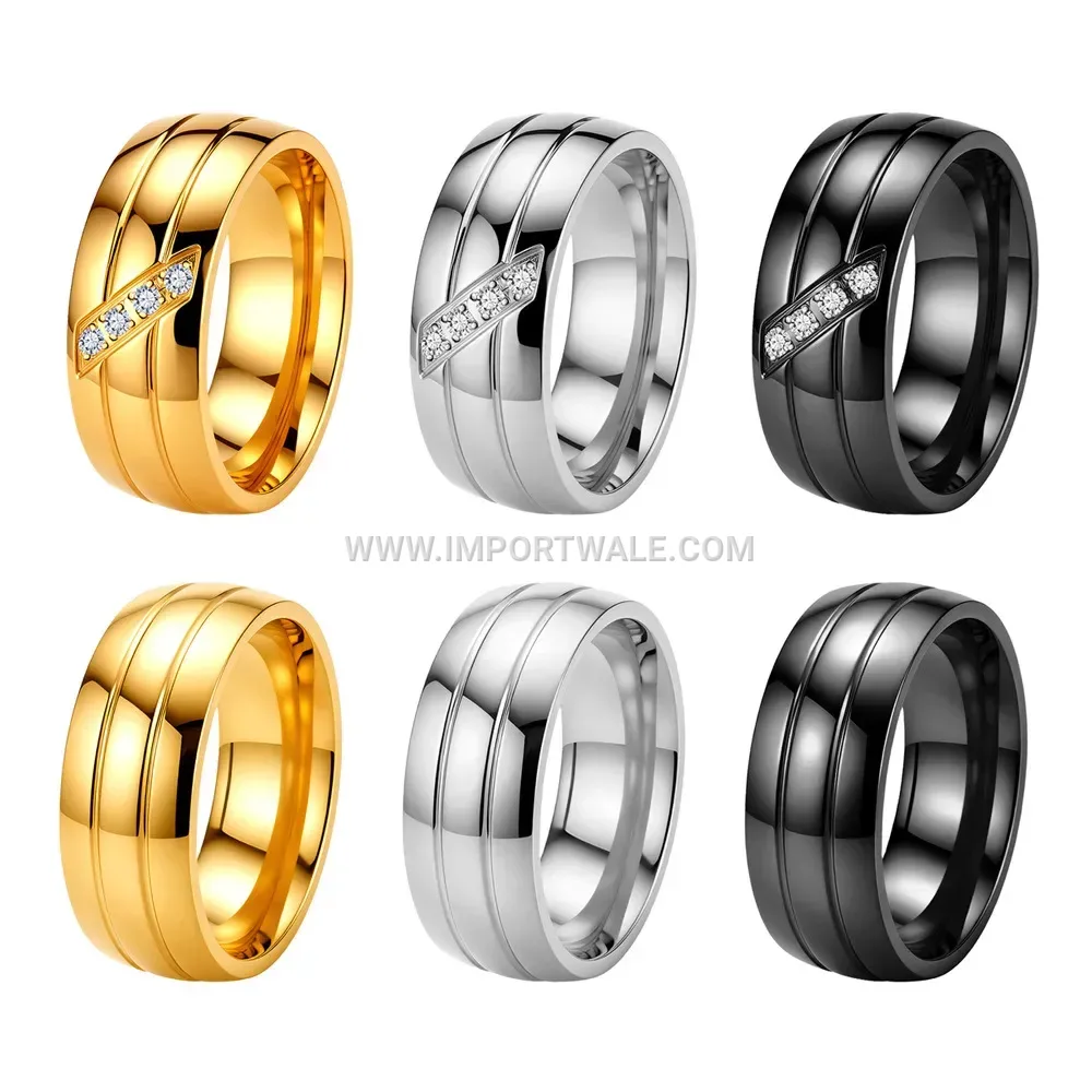 Striped Stainless Steel Zircon Accented Wedding Band Ring