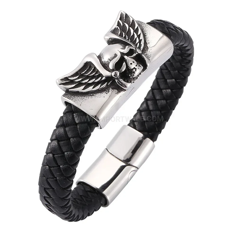 Chic Punk Skull Angel Wings Leather Stainless Steel Wristband