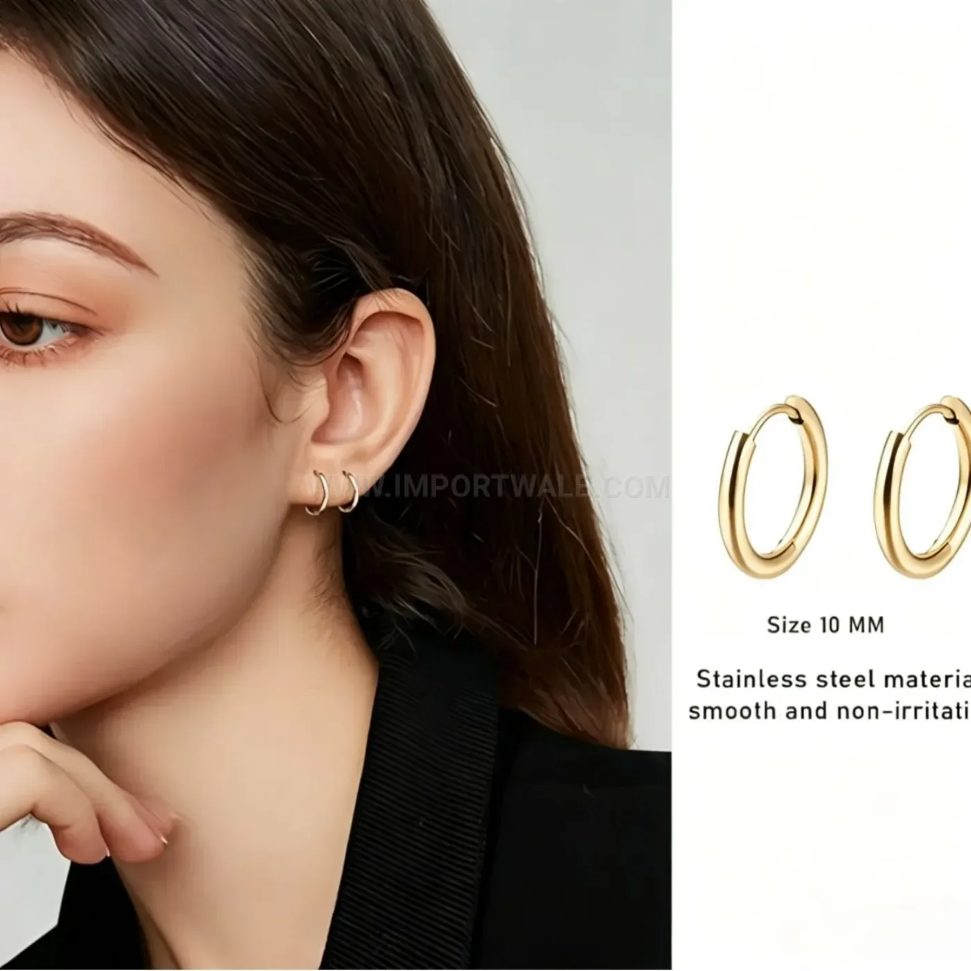 Designer Stainless Steel Rhinestone Stud and Plain Hoop Earring Set
