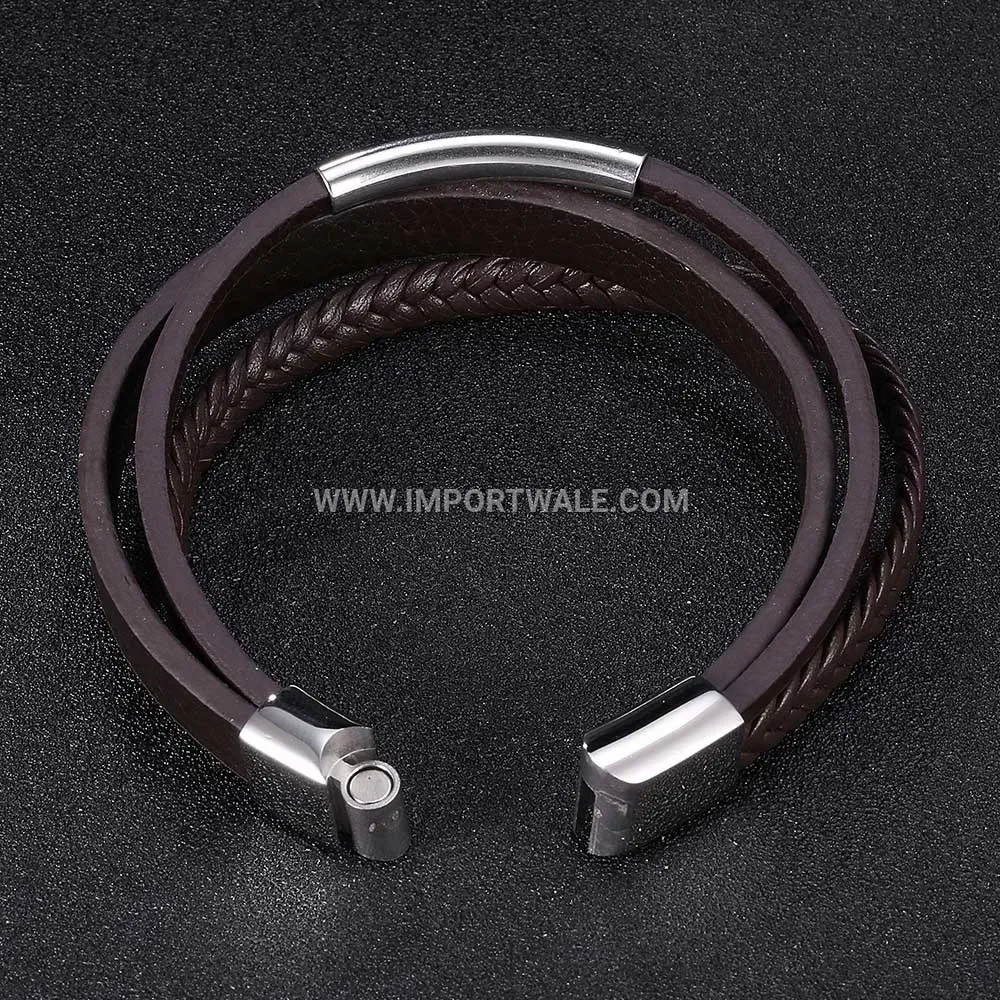 Multi Layer Brown Leather Wrap Bracelet with Stainless Steel Magnetic Clasp