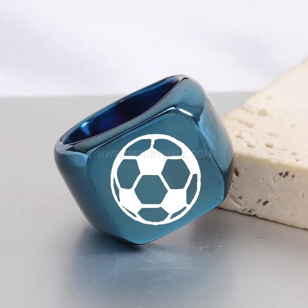 Bold Square Laser Engraved Soccer Motif Stainless Steel Ring