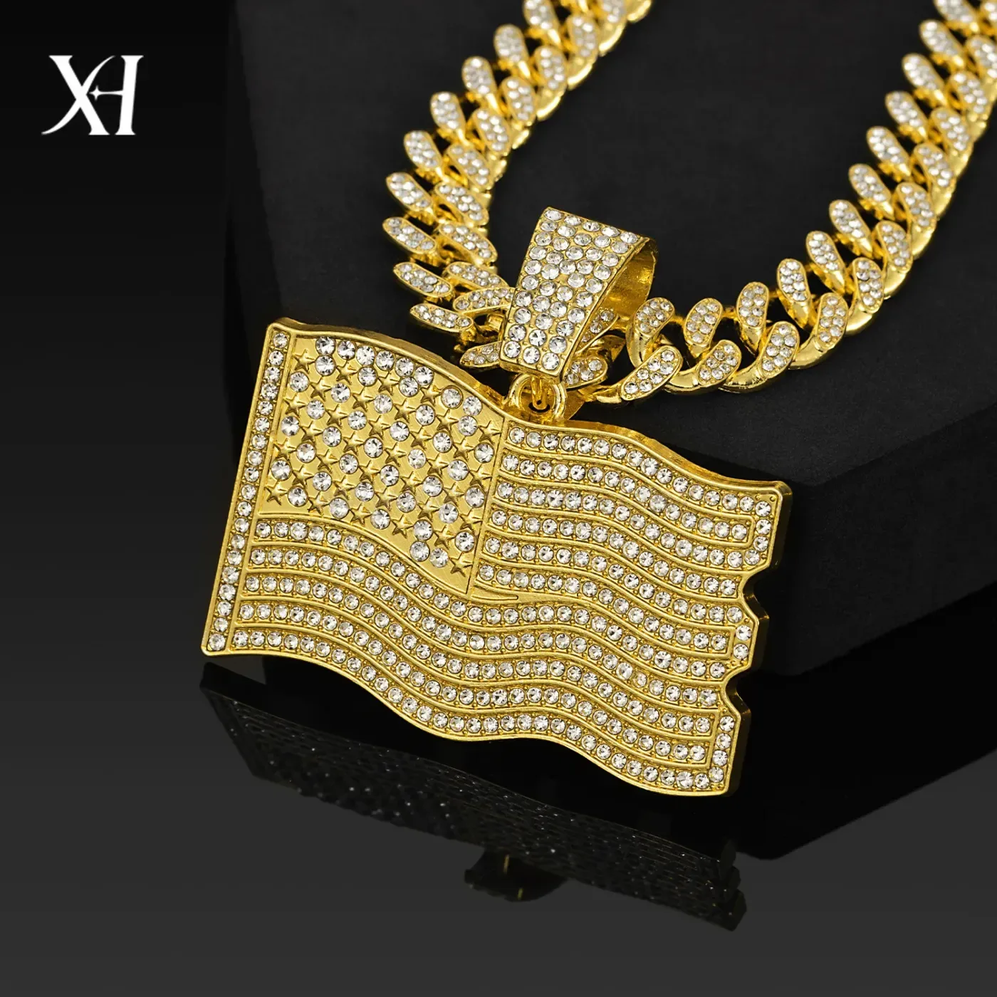 Stylish Iced Out US Flag Star Pendant Cuban Chain Necklace