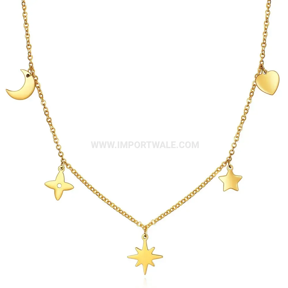 Minimalist Stainless Steel Celestial Star and Sun Pendant Chain Necklace