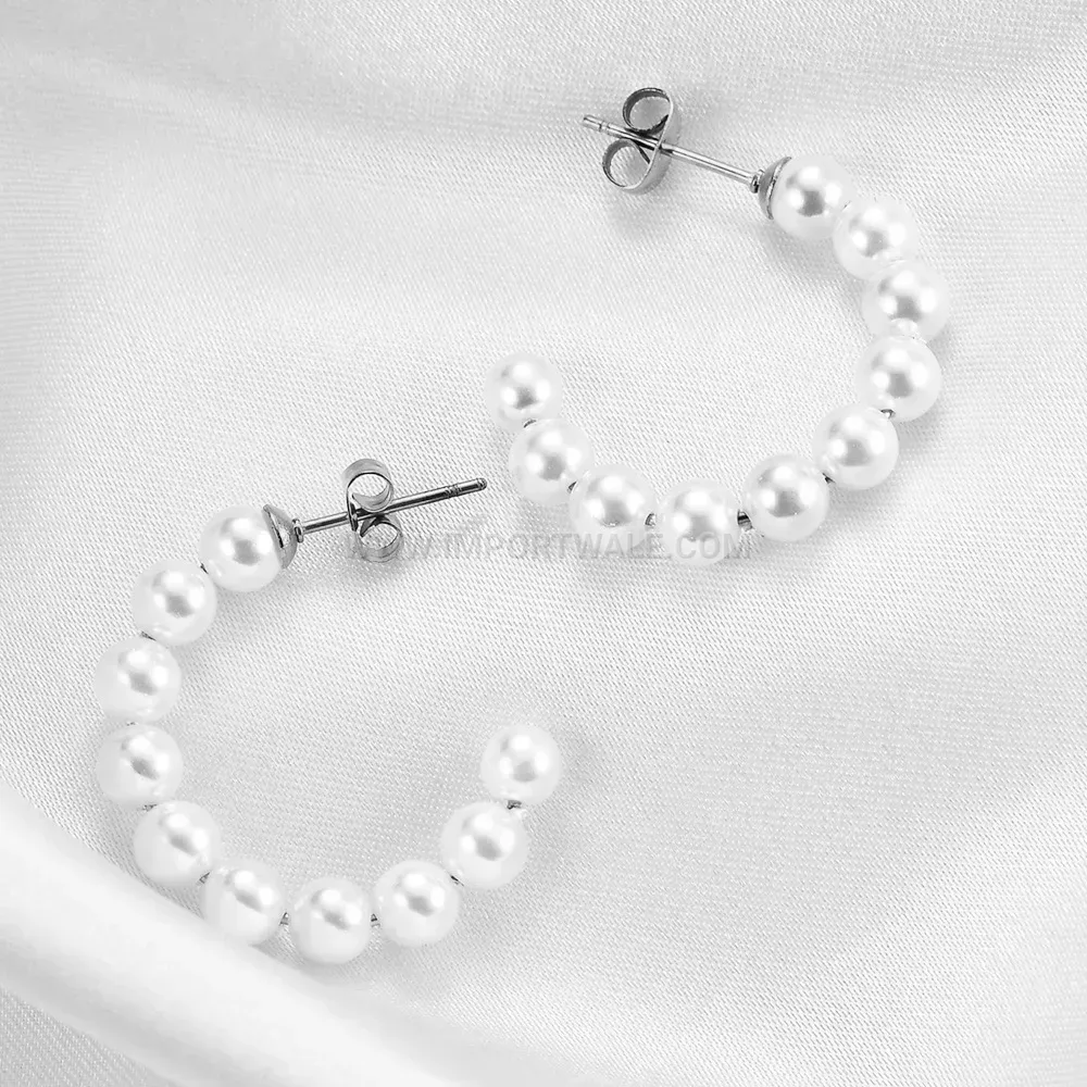 Stainless Steel Pearl Accent C Hoop Stud Earrings