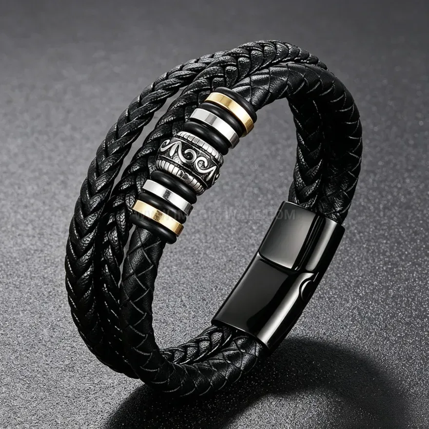 Modern Braided Leather Wrap Bracelet with Carved Alloy Magnetic Clasp