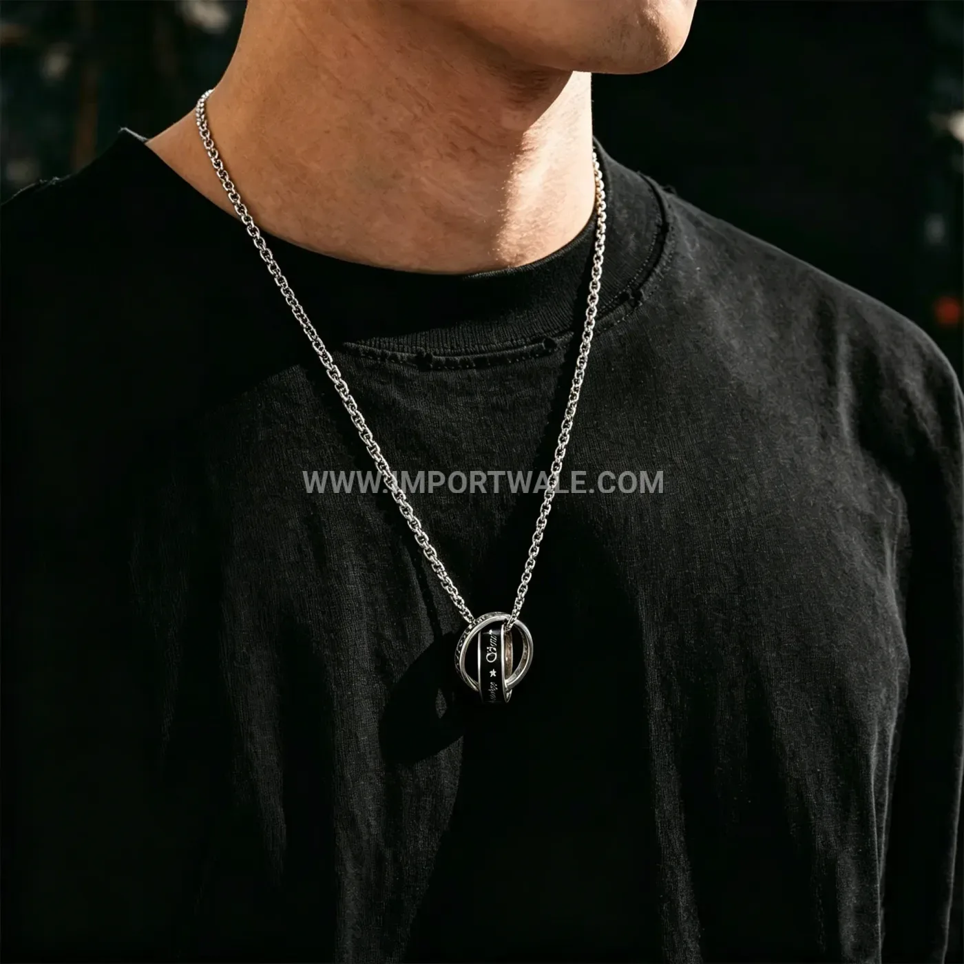 Men Double Ring Stainless Steel Pendant Necklace