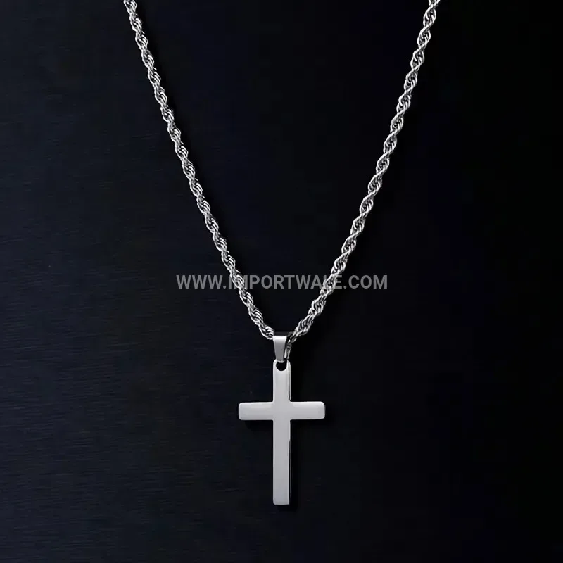 Stainless Steel Cross Pendant Necklace with Braided Rope Chain