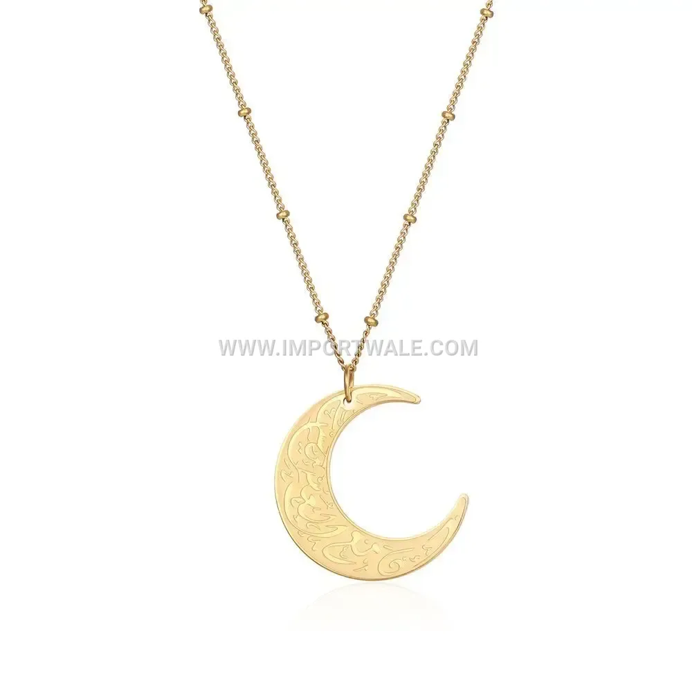 Stainless Steel Crescent Moon Ayatul Kursi Arabic Calligraphy Pendant Necklace