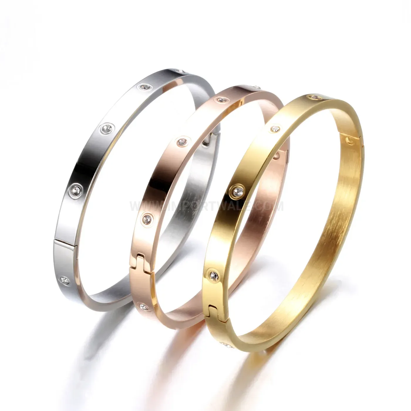 Modern Crystal Accent Symmetrical Polished Stainless Steel Bangle Bracelet