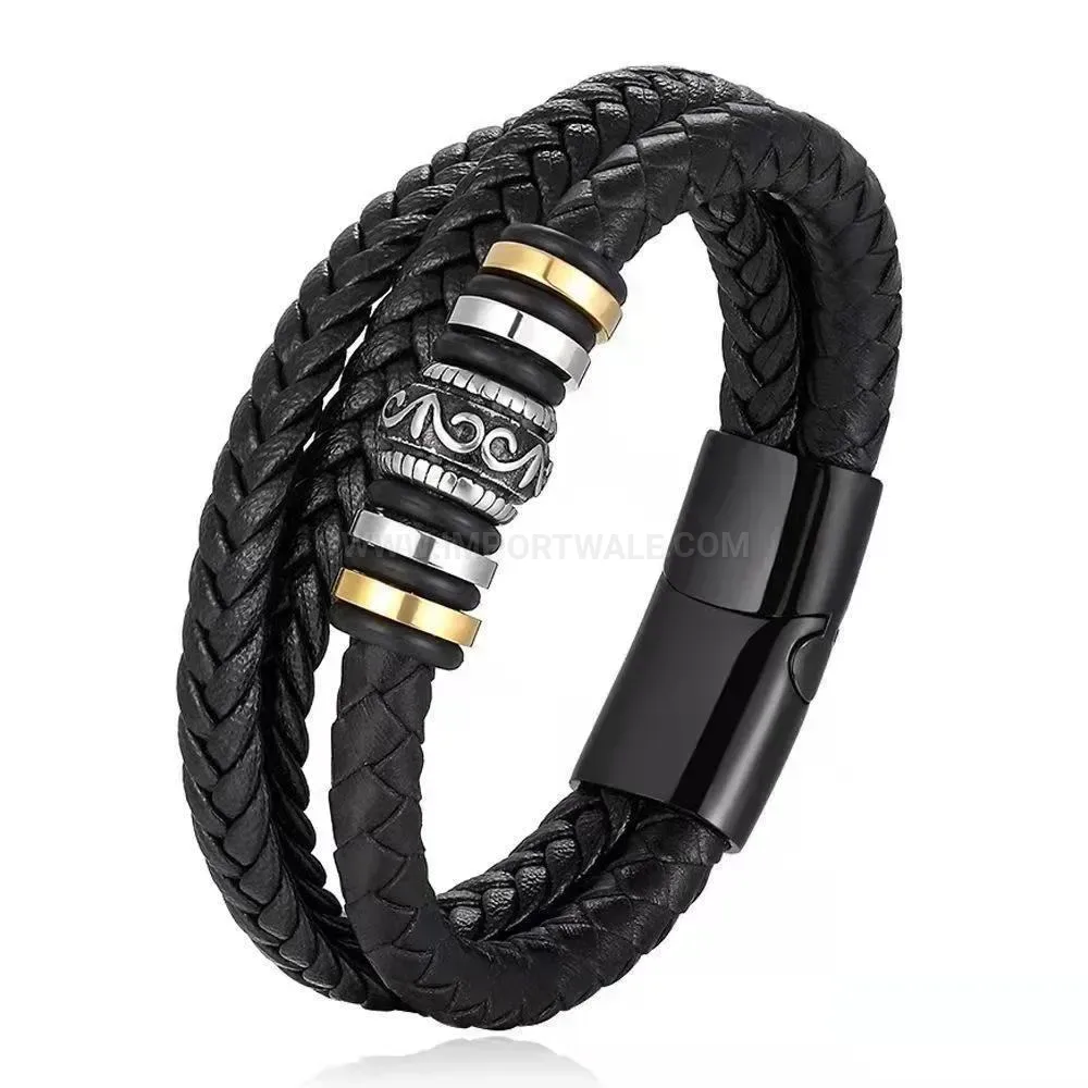 Modern Braided Leather Wrap Bracelet with Carved Alloy Magnetic Clasp