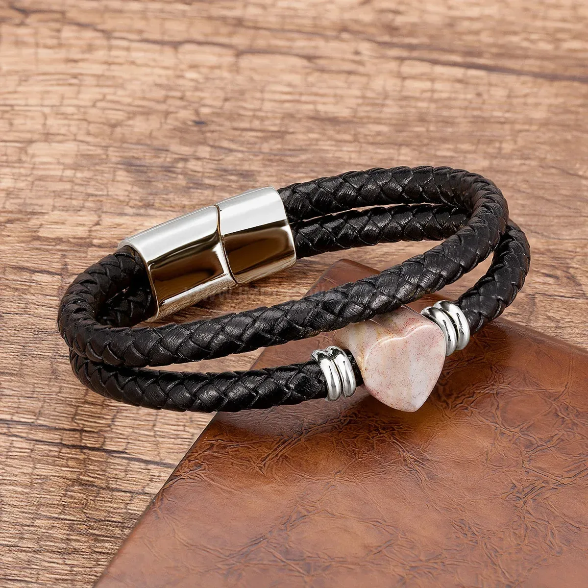 Braided Leather Couple Charm Bracelet with Stainless Steel Clasp