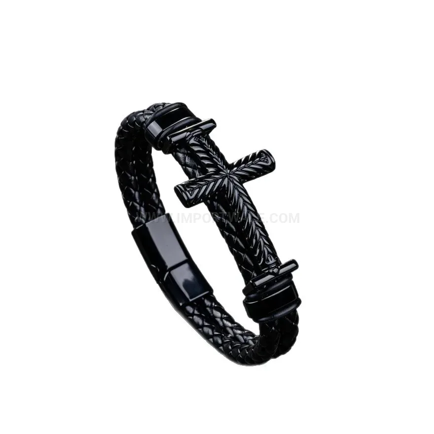 Fashion Braided PU Leather Cross Bracelet with Punk Magnetic Clasp