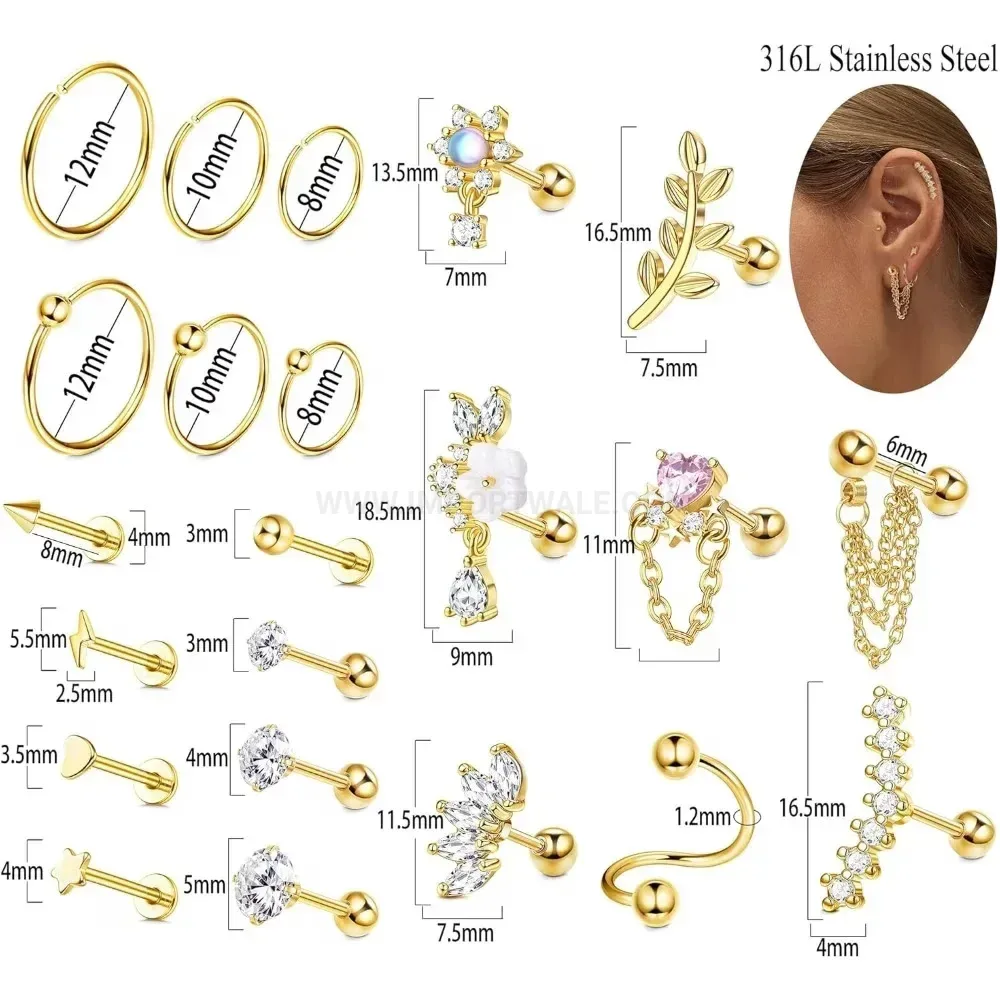 Premium Crystal Leaf Floral Chain Stainless Steel Ear Piercing Set