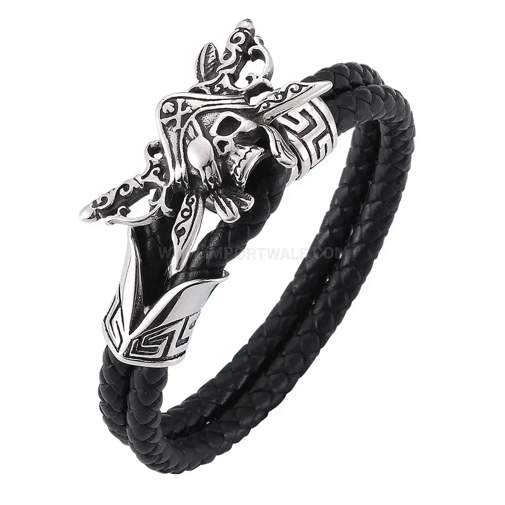 Vintage Double Strand Leather Pirate Skull Steel Bracelet