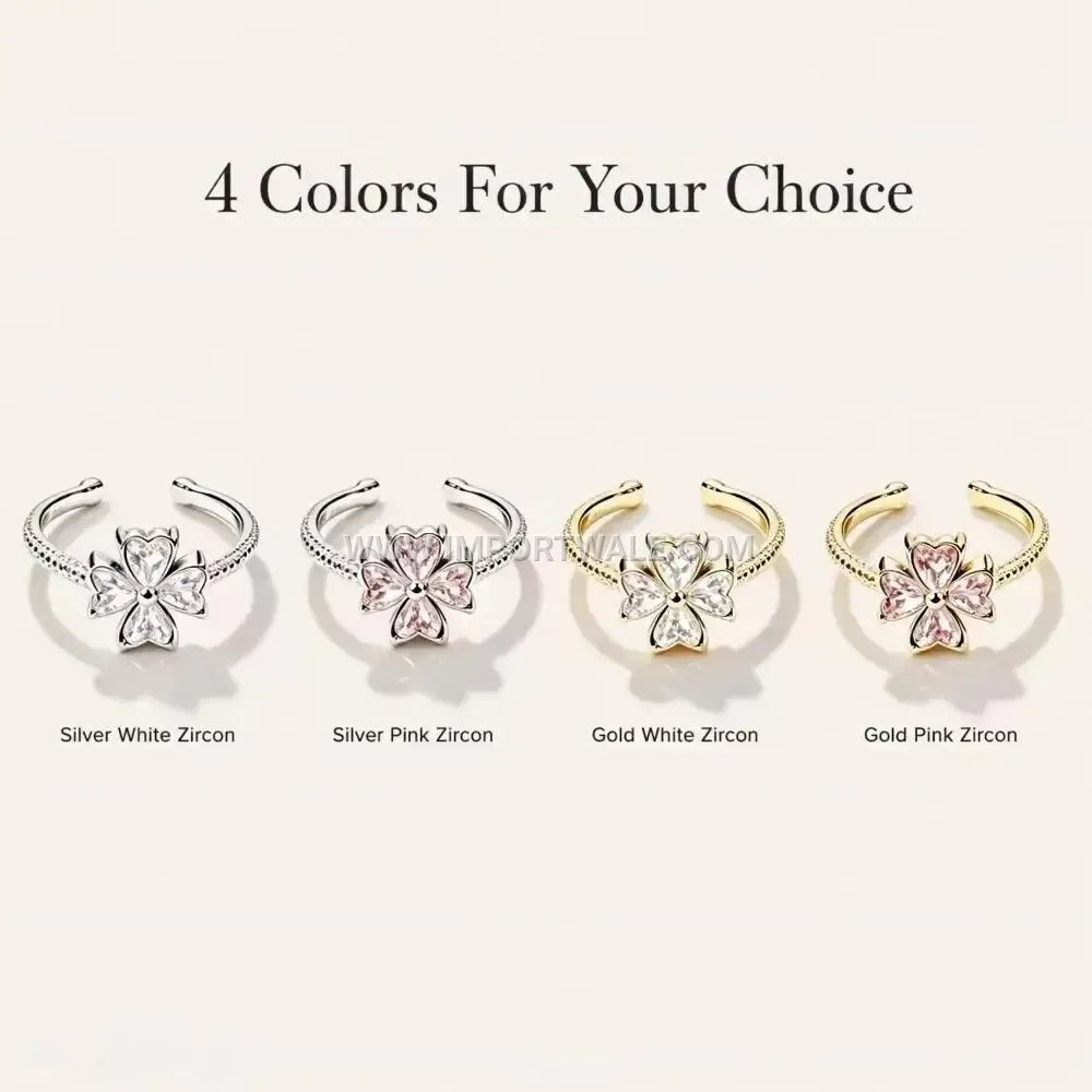 Four Leaf Clover Zircon Open Stainless Steel Ring