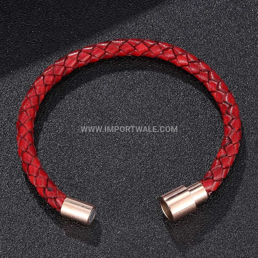 Rose Gold Plated Magnetic Clasp Braided Leather Men's Steel Bracelet
