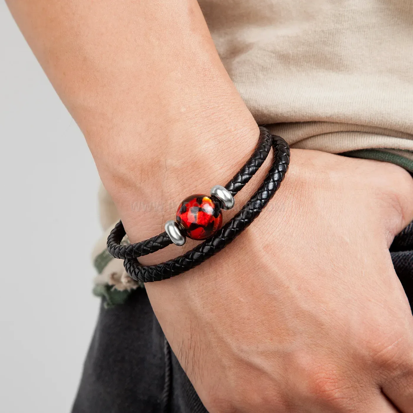 Double Strand Woven Leather Bracelet with Natural Beads and Clasp