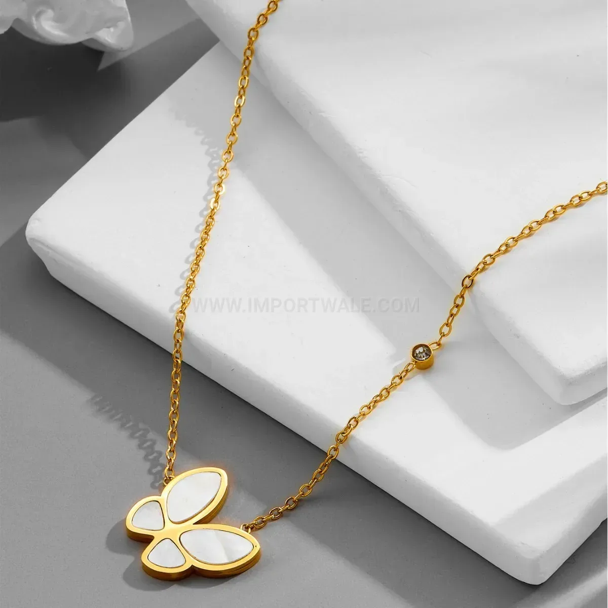 Bold Gold Plated Stainless Steel Butterfly Charm Crystal Pendant Necklace
