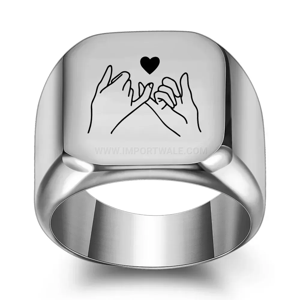 Classic Minimalist Square Holding Hands Heart Stainless Steel Ring