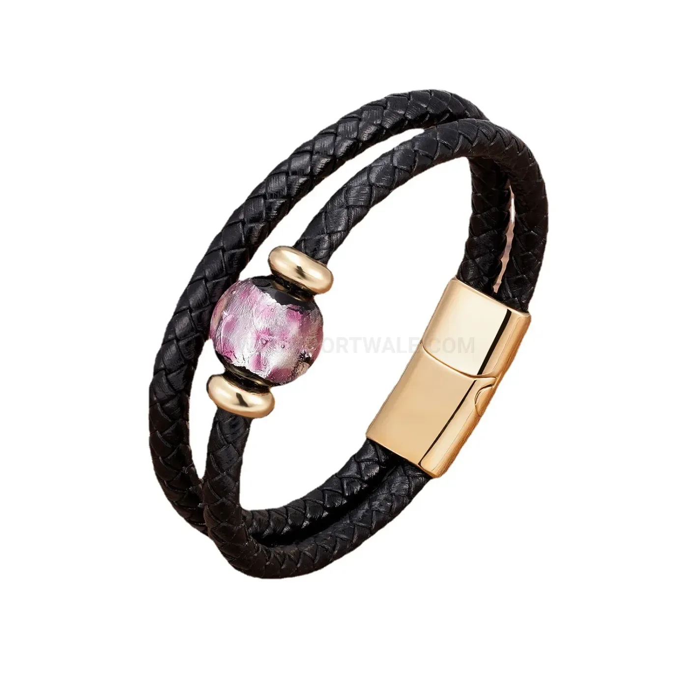 Double Strand Woven Leather Bracelet with Natural Beads and Clasp