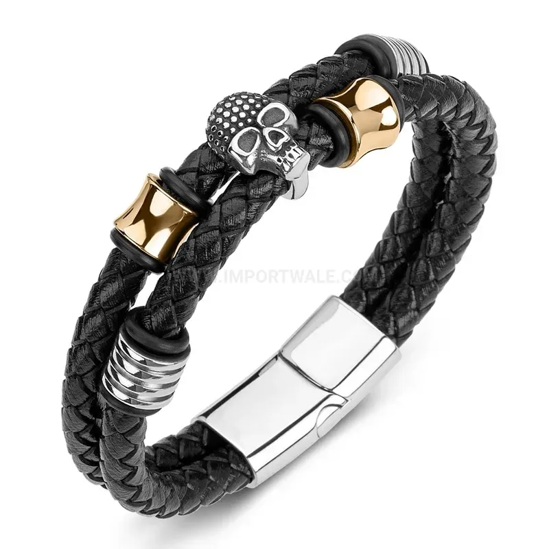 Stylish Dual-Strand Leather Skull Bracelet with Stainless Steel Accents