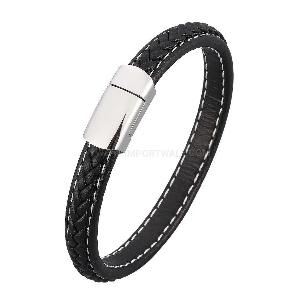 Woven Leather Wrap Wristband with Stainless Steel Magnetic Clasp